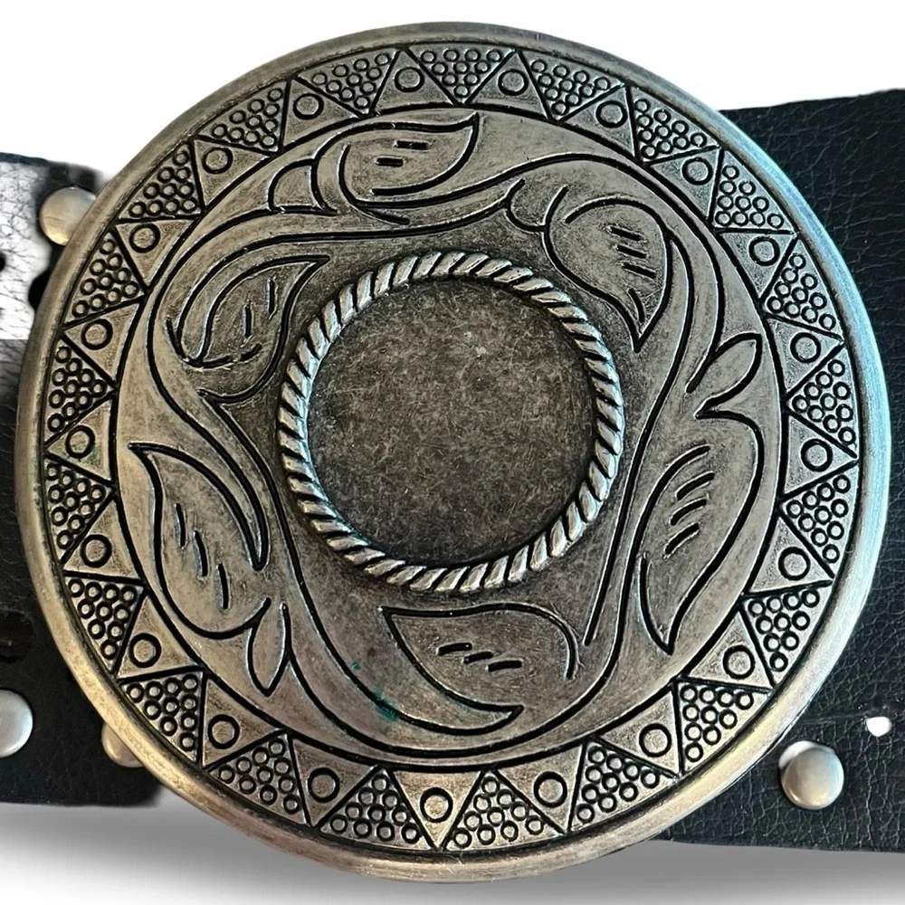 Vintage Y2K Black and Silver Concho Belt Huge Western Buckle 48”